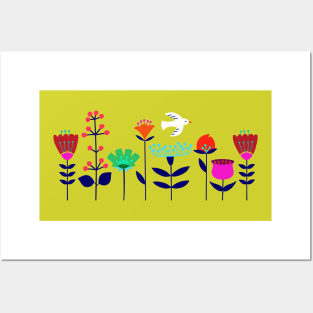 Scandinavian flowers with soaring bird Posters and Art